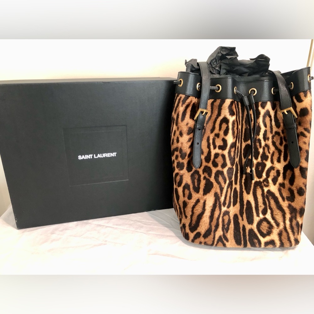 YSL Bag Yves Saint Laurent Rivage Tote Bucket Animal Leopard Fur Black Leather